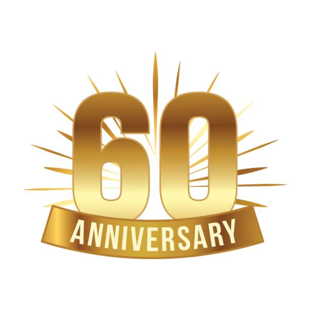 Anniversary golden sixty years number Anniversary golden sixty years number. 60th years festive greeting with sunburst for invitation decor. Flat style vector illustration isolated on white background. Gold badge with ribbon senior birthday card stock illustrations