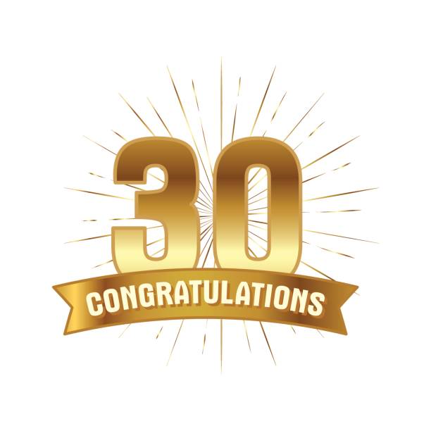 Anniversary golden thirty years number Anniversary golden thirty years number. 30th years festive greeting with sunburst for invitation decor. Flat style vector illustration isolated on white background. Gold badge with ribbon senior birthday card stock illustrations