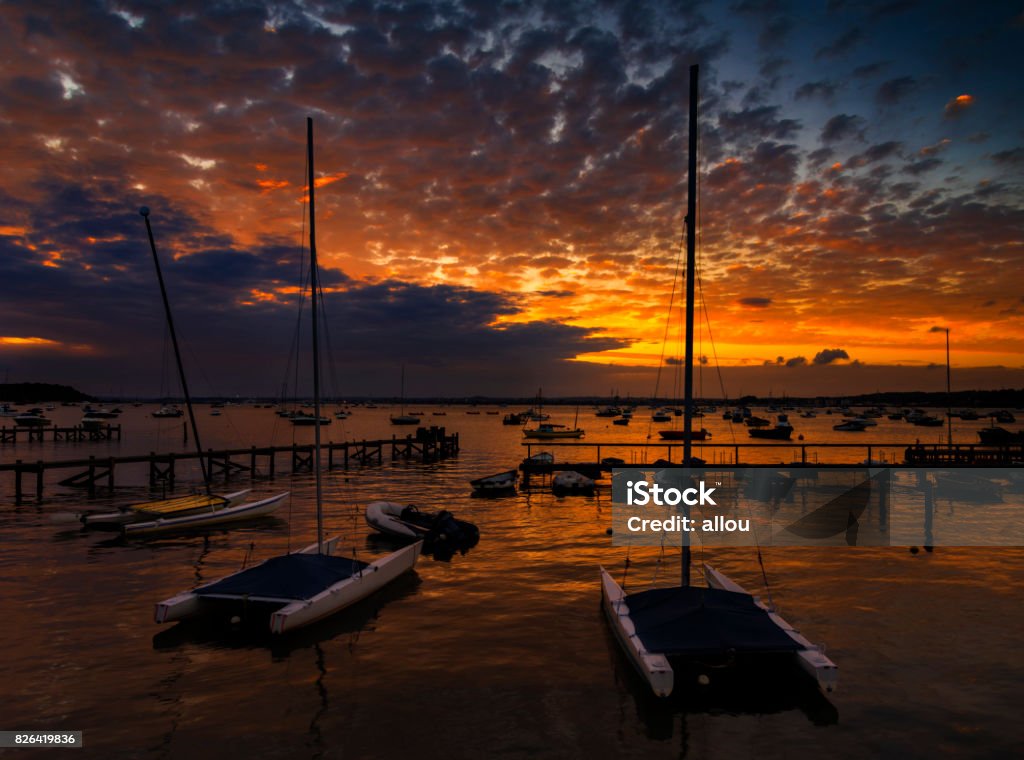 Sunset at Sandbanks in Dorset Beatiful rich colourful scene as the sun sets in Poole Harbour around the Sanbanks peninsula Bay of Water Stock Photo