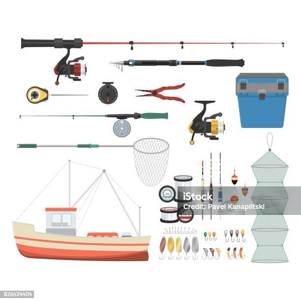 Vector Illustrations Set Of Equipment And Tools For Fishing Stock  Illustration - Download Image Now - iStock