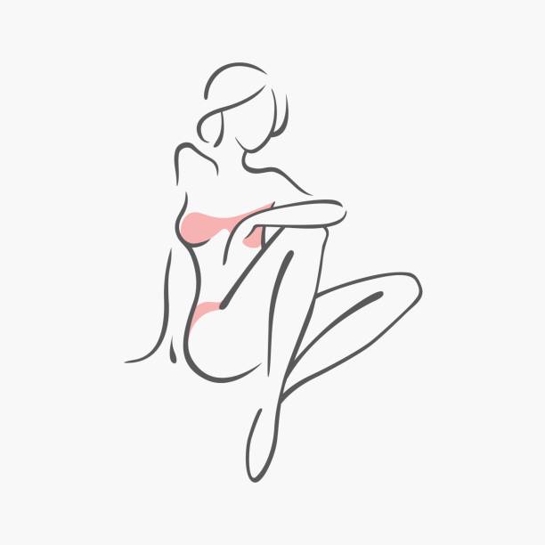 섹시 한 피트 니스 세련 된 그림으로 벌 거 벗은 여자. 친밀 한 섹시 한 여자, 포즈에서 모델입니다. 수영복, 팬티에에서 멋진 엉덩이입니다. 그려진된 그래픽 디자인, 추상화 배경 - bikini human leg sensuality women stock illustrations