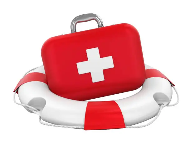 First Aid Kit in Lifebuoy isolated on white background. 3D render