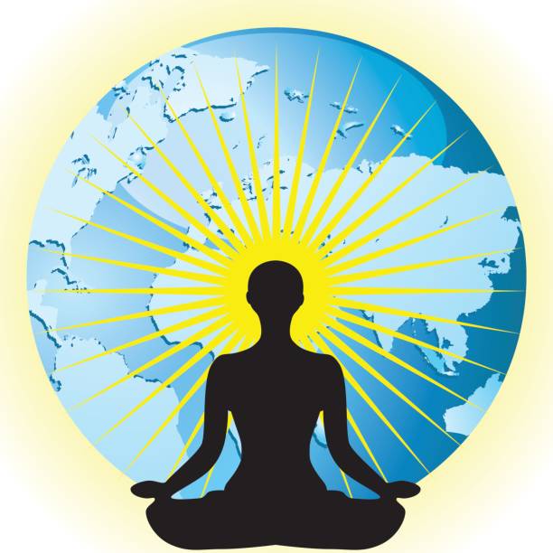 istock Yoga women silhouette in pose flower lotus on Earth globe vector illustration 826460602