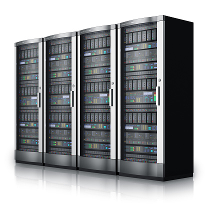 Row of network servers in data center isolated on white background with reflection effect