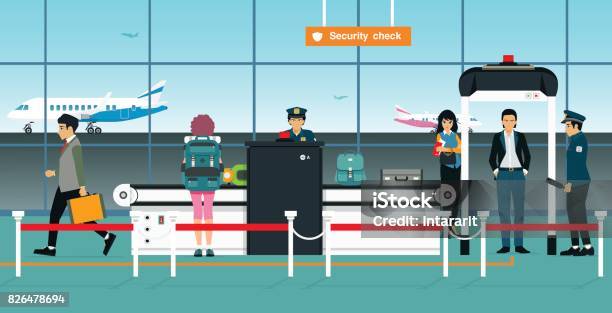 Ilustración de Control De Seguridad De Aeropuerto y más Vectores Libres de Derechos de Aeropuerto - Aeropuerto, Seguridad, Medidas de seguridad