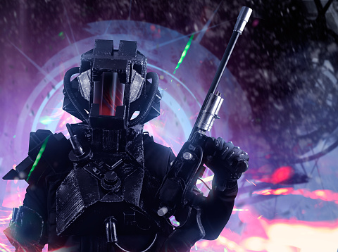 Closeup swat soldier in futuristic tactical outfit armor and weapons standing on a science fiction background with glowing lights effect.