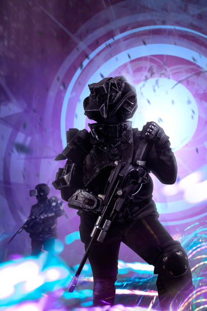 Robotic swat soldier team in futuristic tactical outfit armor and weapons standing on a science fiction background with glowing beam effect.
