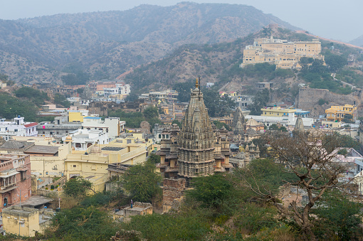 Town around Amer Fort (Amber Fort and Amber Palace), a town near Jaipur, Rajasthan state, India. UNESCO World Heritage Site as part of the group Hill Forts of Rajasthan.