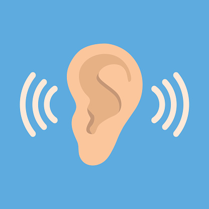 Ear icon in flat style isolated on blue background. Part of body symbol stock vector illustration. Listen, hearing, sound icon