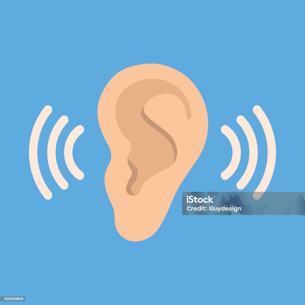 Ear listen vector icon on blue background. Ear vector icon. Listening vector icon. Ear icon in flat style isolated on blue background. Part of body symbol stock vector illustration. Listen, hearing, sound icon Ear stock vector