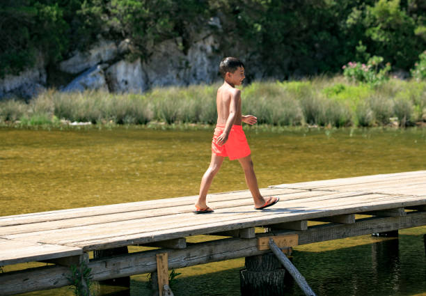 garçon marche sur une passerelle en bois sur un lac - plank boardwalk pontoon bridge summer photos et images de collection