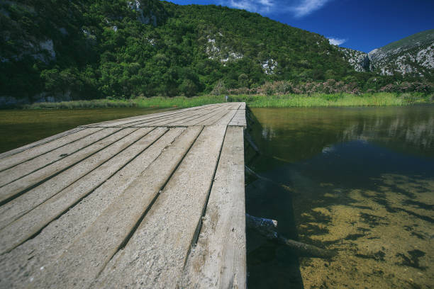 ponte de madeira sobre um lago - plank boardwalk pontoon bridge summer - fotografias e filmes do acervo