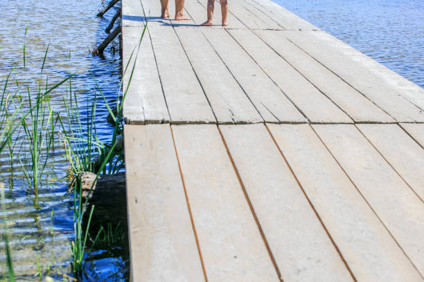 passerelle en bois sur un lac - plank boardwalk pontoon bridge summer photos et images de collection