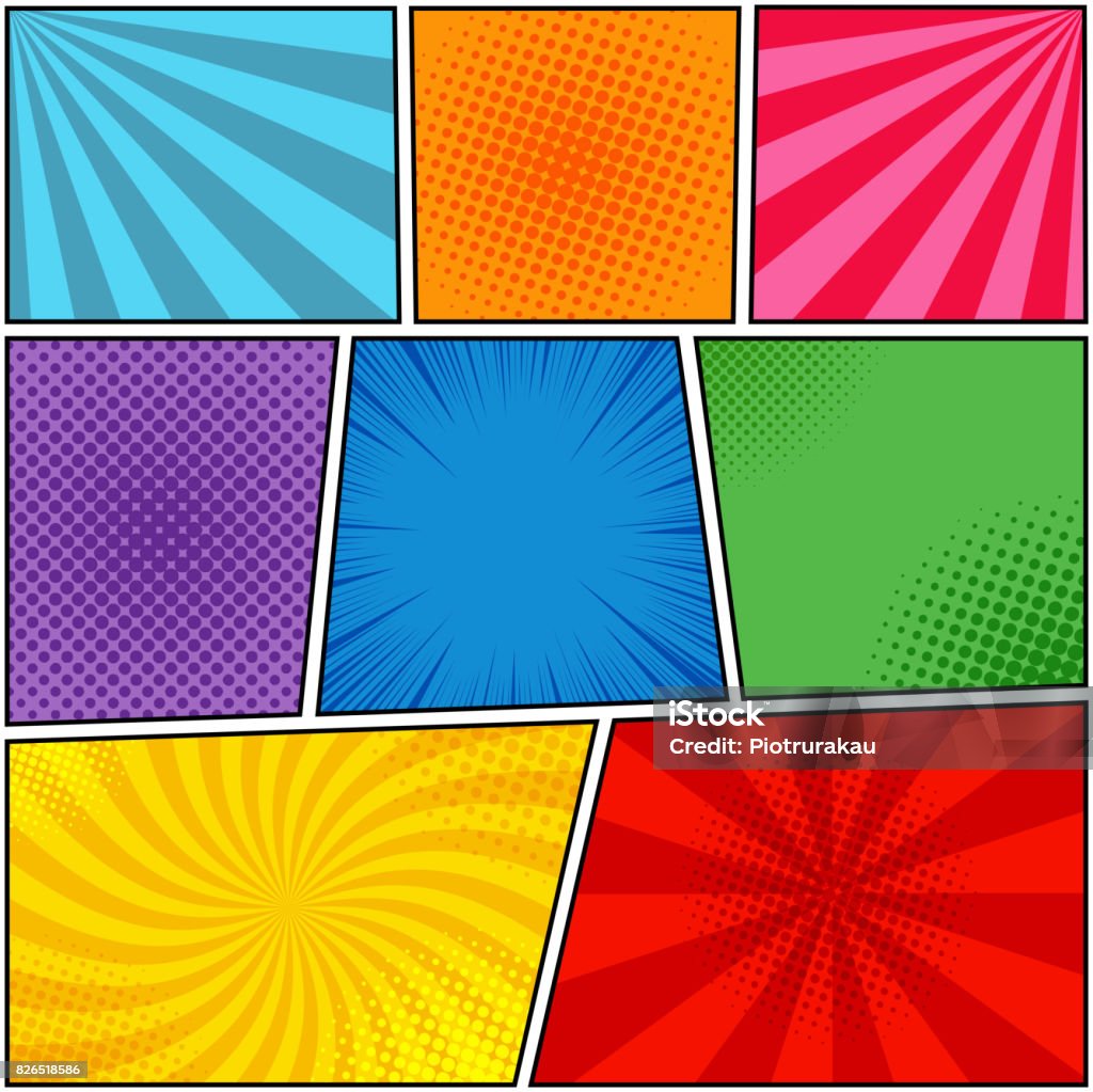 Comic book page template Comic book page template with rays, radial, halftone and dotted effects in different colors. Pop art style. Vector illustration Comic Book stock vector