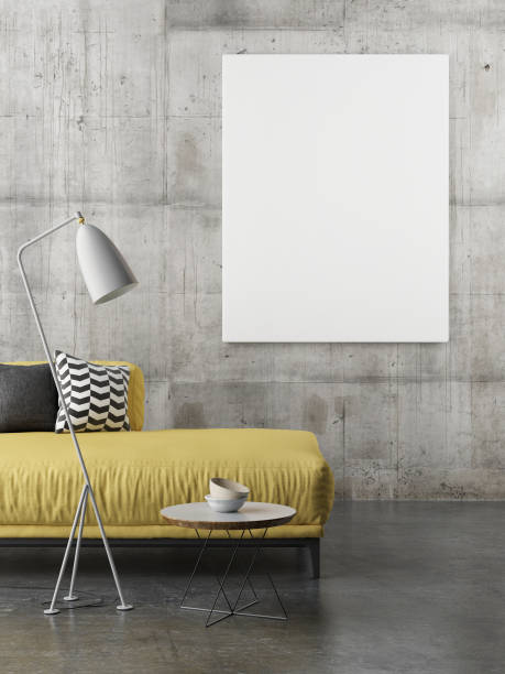 istock Yellow sofa with mock up poster, concrete , 3d interior design 826520274