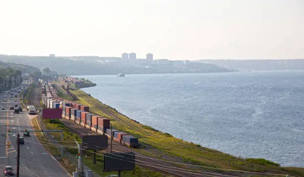 view of Halifax Harbor and Bedford Basin with train and traffic