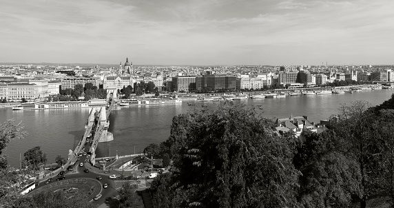 Budapest Hungary Oct 03 2016:Panoramic view from the Mediaval Castle to the rest of Budapest.  Most part of the city are listed by UNESCO as a World Heritage site, was first completed in 1265. Budapest and the Castle District is full of history.