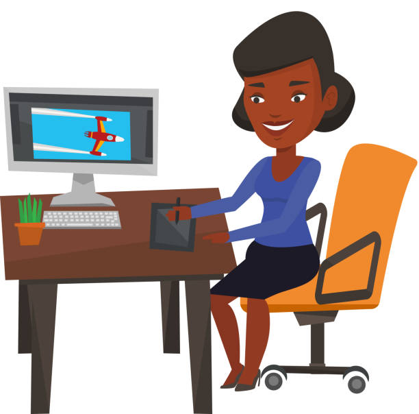 ilustrações de stock, clip art, desenhos animados e ícones de designer using digital graphics tablet - young women computer digital tablet white background