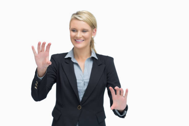 istock Smiling business woman presenting 826544294