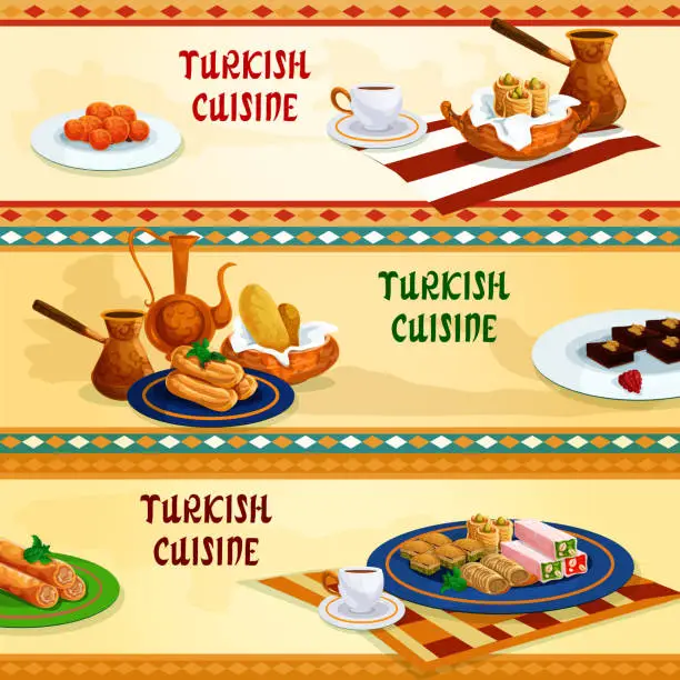 Vector illustration of Turkish cuisine sweets with coffee banner set