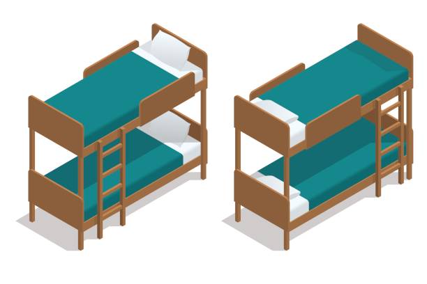 Isometric vector wooden two-storeyed bed separately on a white background. Living-room in a hostel with two bunk beds. Camp Cabin. Isometric vector wooden two-storeyed bed separately on a white background. Living-room in a hostel with two bunk beds. Camp Cabin summer camp cabin stock illustrations