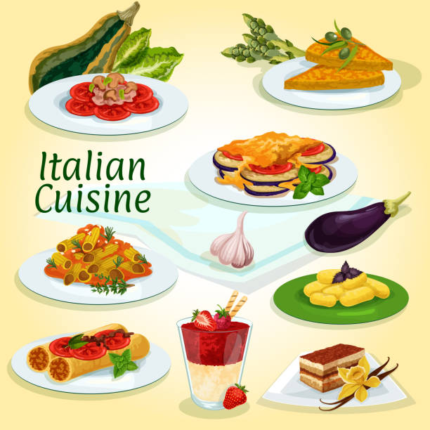 Italian cuisine main and dessert dishes icon Italian cuisine main and dessert dishes icon with milanese pasta, egg omelette, stuffed pasta, eggplant casserole, potato dumpling, coffee cake tiramisu, chicken mushroom salad, cream berry dessert chicken rigatoni stock illustrations