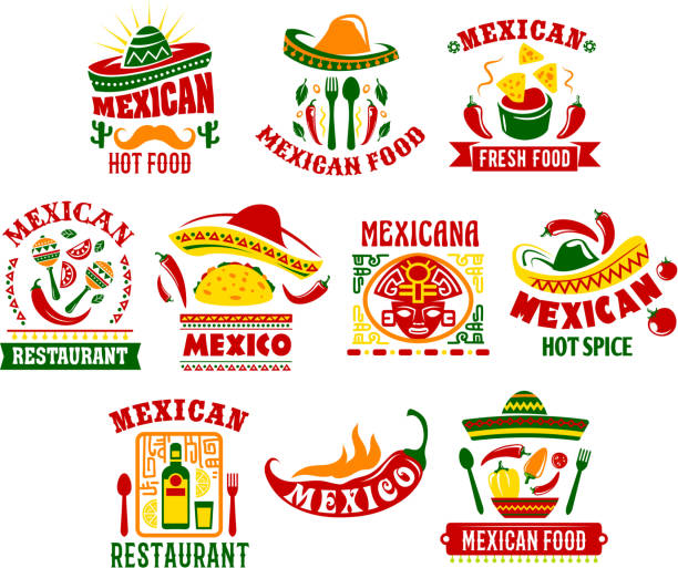 Mexican cuisine fast food restaurant sign design Mexican cuisine icon set with traditional spicy food. Mexican fast food restaurant chilli pepper and tomato sauce salsa with corn nachos, meat taco dishes with sombrero hat, maracas and cactus sombrero stock illustrations