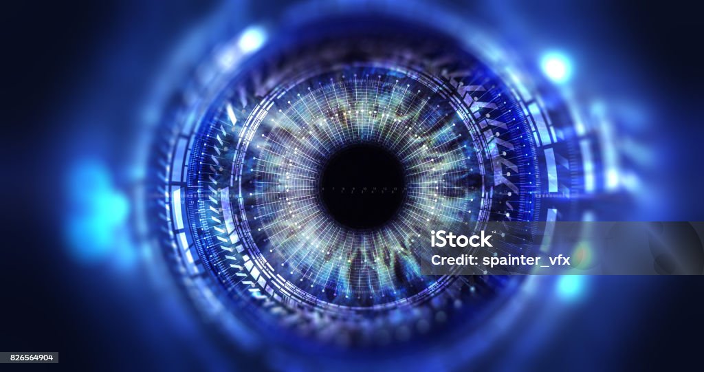 Security access  technology Eye viewing digital information represented by circles and signs, background depth of field. Technology concept. 3D illustration Eye Stock Photo