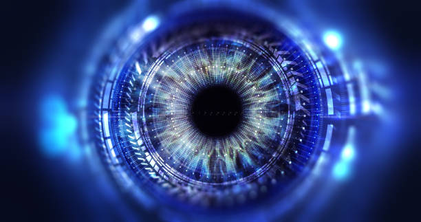 Security access technology Eye viewing digital information represented by circles and signs, background depth of field. Technology concept. 3D illustration iris eye stock pictures, royalty-free photos & images