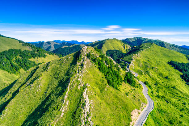Aerial view of Hehuanshan and Qilai Mountain on the Trail Entrance of Shihmen Mountain, Taroko National Park, Taiwan stock photo