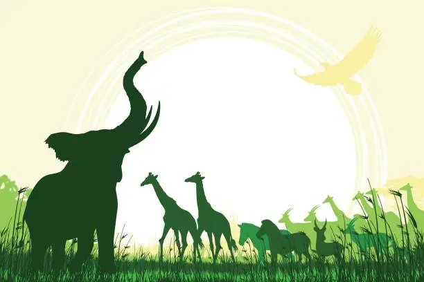 Vector illustration of African Safari background with trumpeting elephant, giraffes, zebras and antelopes