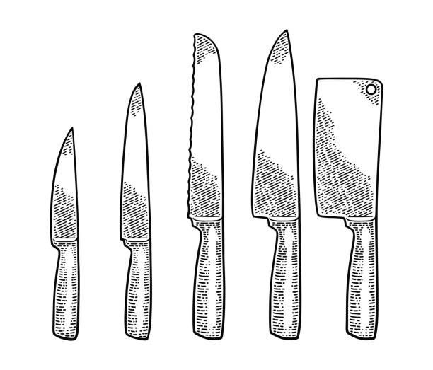 설정된 부엌 칼. 벡터 블랙 빈티지 조각 - knife table knife kitchen knife white background stock illustrations