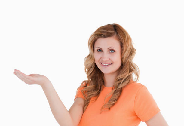 istock Cute woman holding her palm up 826585550