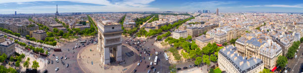 Aerial view of Paris with Arc de Triomphe and Eiffel tower Aerial view of Paris with Arc de Triomphe and Eiffel tower avenue des champs elysees photos stock pictures, royalty-free photos & images