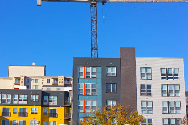 Newly build residential community under a blue clear sky.\