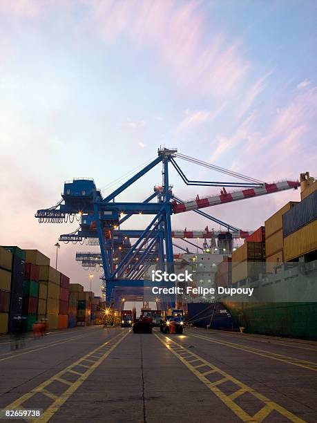 Shipping Yard At Dusk Stock Photo - Download Image Now - Crane - Machinery, Harbor, Chile