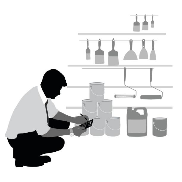 Counting Inventory Silhouette vector illustration of a hardware store clerk working in the paint section paint silhouettes stock illustrations