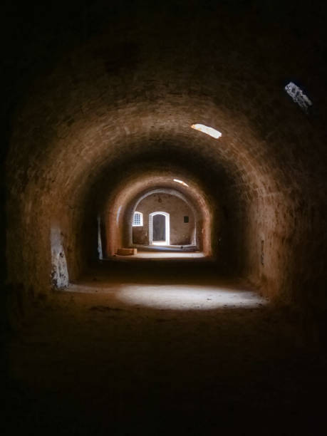 antico tunnel di pietra. - basement spooky cellar door foto e immagini stock