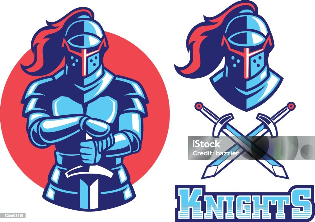 knight armor mascot vector of knight mascot swinging the sword Knight - Person stock vector