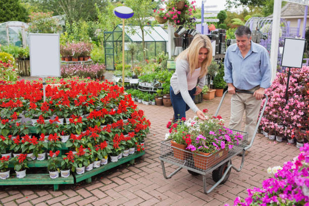 Customers pushing trolley and putting flowers in it