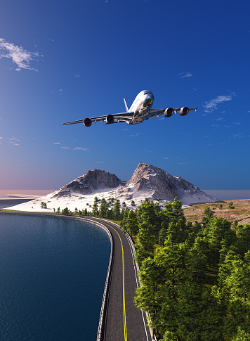 Passenger airplane over the landscape.,3d render