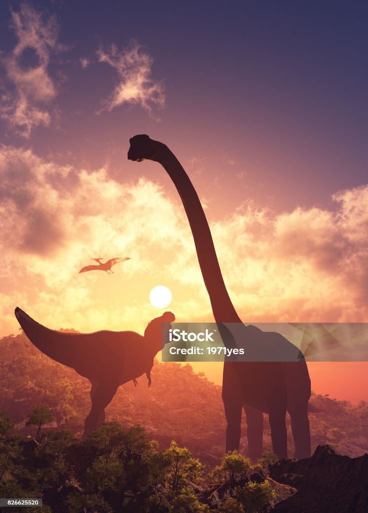 The dinosaur Giant dinosaur in the background of the colorful sky.,3d render Dinosaur Stock Photo