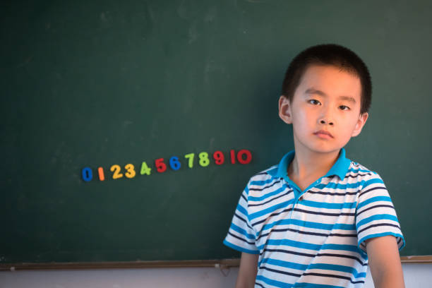 istock asian boy standing infront of blackboard with numbers 826626162