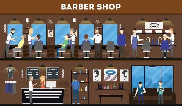 Vector illustration of Barbershop interior, stylish hair salon or barber shop.