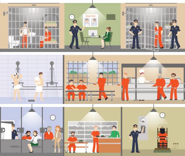 illustrations, cliparts, dessins animés et icônes de jeu intérieur de la prison. - security security system old blue