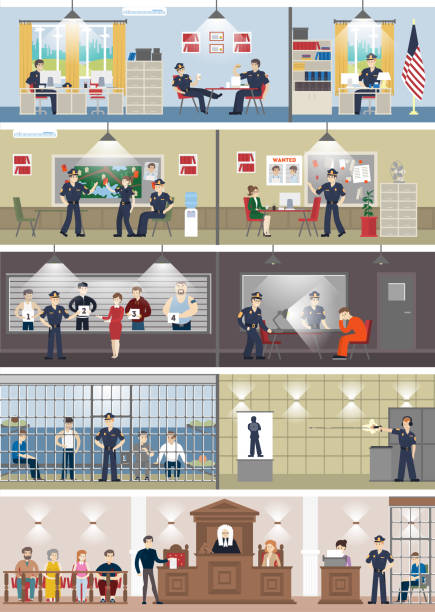Police station interior set with rooms. Police station interior set with rooms. Office room, witness interview room, prison cell and receiving desk. police interview stock illustrations
