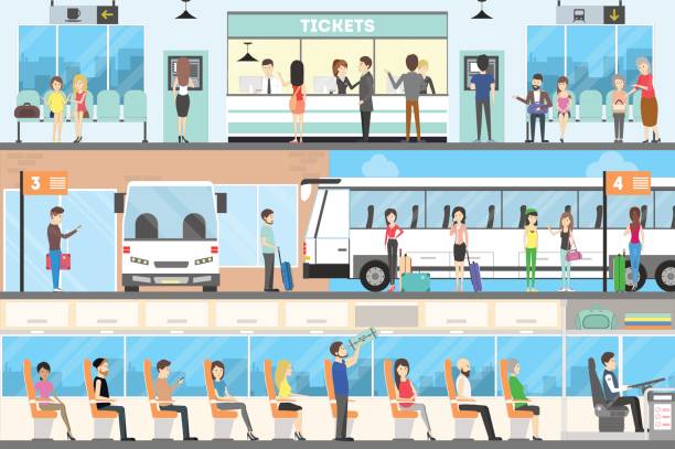 ilustraciones, imágenes clip art, dibujos animados e iconos de stock de conjunto interior de autobús. - bus transportation indoors people