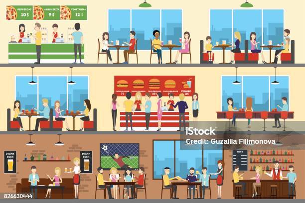 Cafe Interior Set Stock Illustration - Download Image Now - Restaurant, Indoors, Fast Food Restaurant