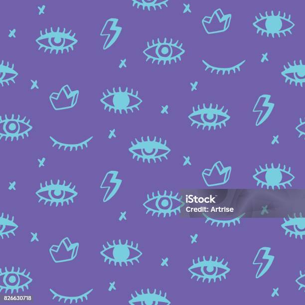 Vector Seamless Pattern With Hand Drawn Open And Winking Neon Psychedelic Eyes Stock Illustration - Download Image Now