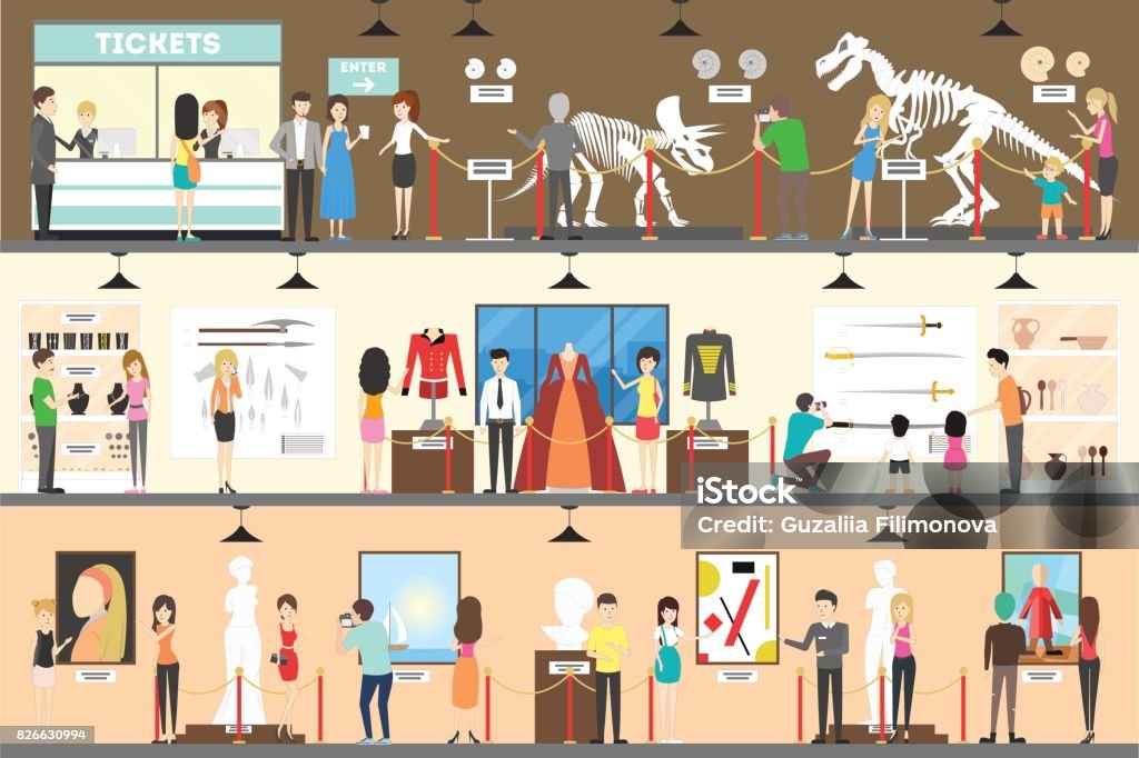 Museum interior set. Museum interior set. People visit the museum and entertain. Museum stock vector